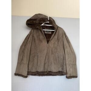 Jones New York Brown Suede Faux Fur Lined Jacket Women’s XL Hooded Coat